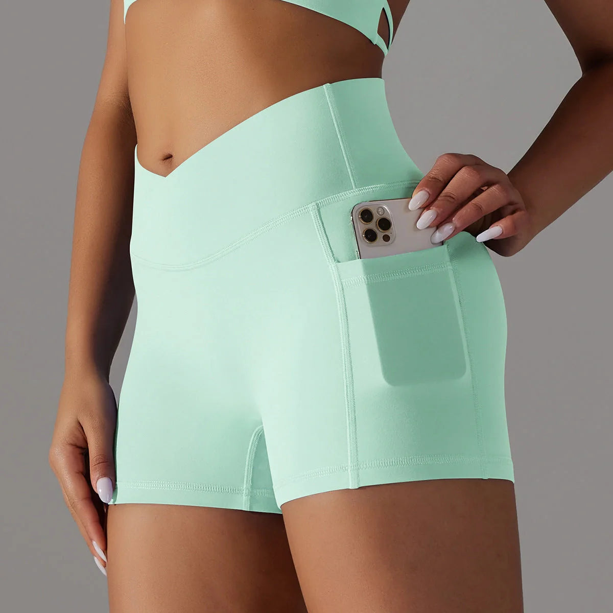 Women's yoga shorts with phone pocket in various colours