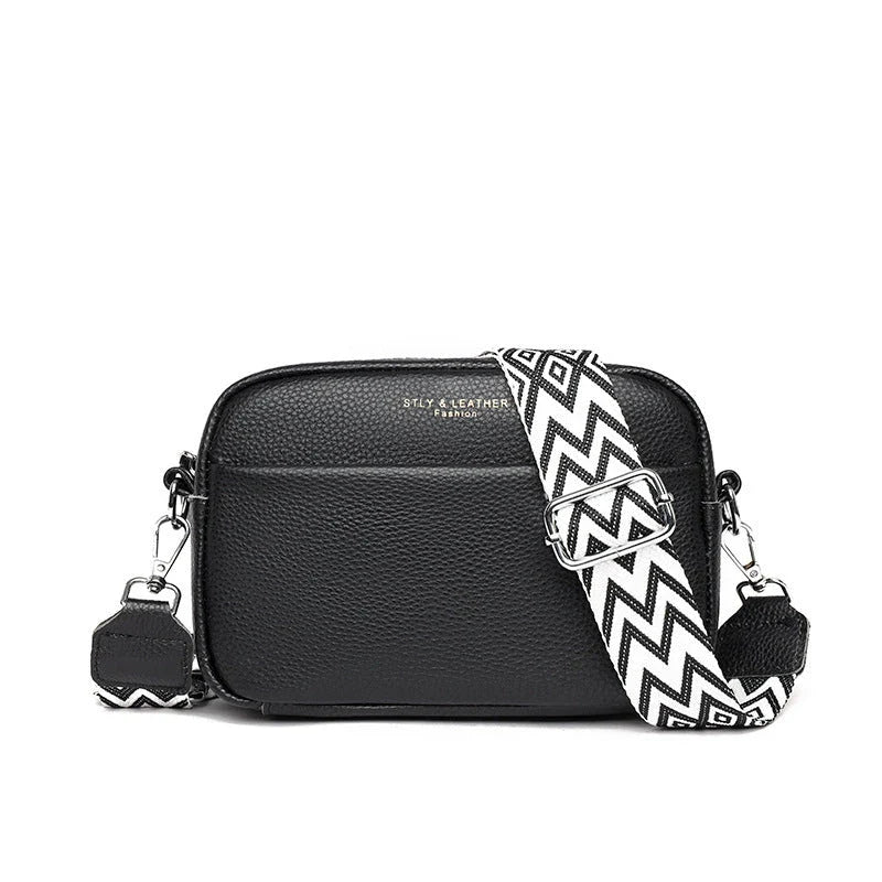 A fashionable crossbody bag with a rhombus embroidered strap, available in multiple colors including black, beige, green, blue, and khaki.