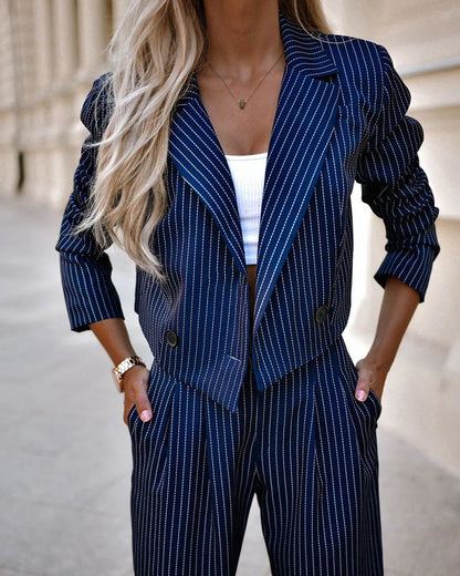 Fashionable striped suit sets featuring cropped tops and straight-leg pants in various color options