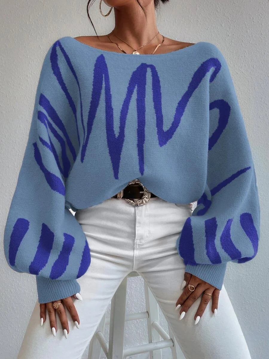 Women's lantern-sleeved pullover sweater with printed design in various colours