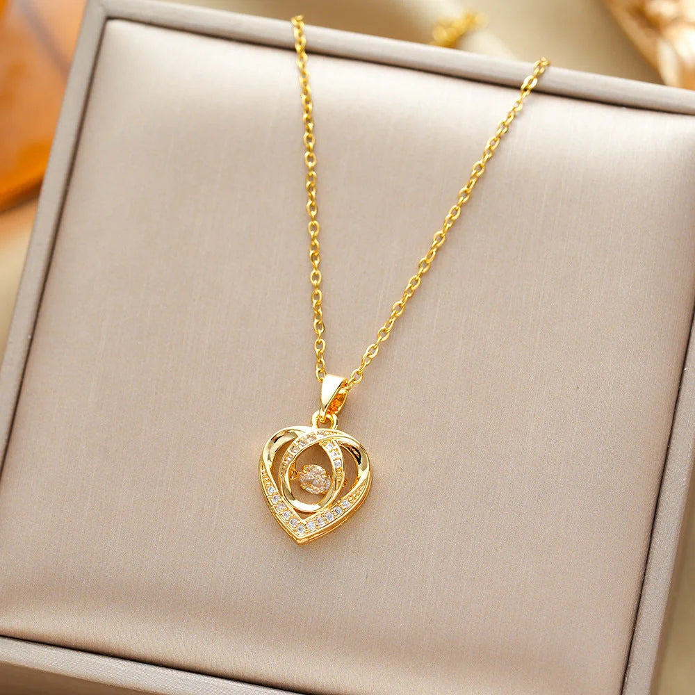 Heart-shaped rhinestone clavicle chain necklace in gold, silver, and blue