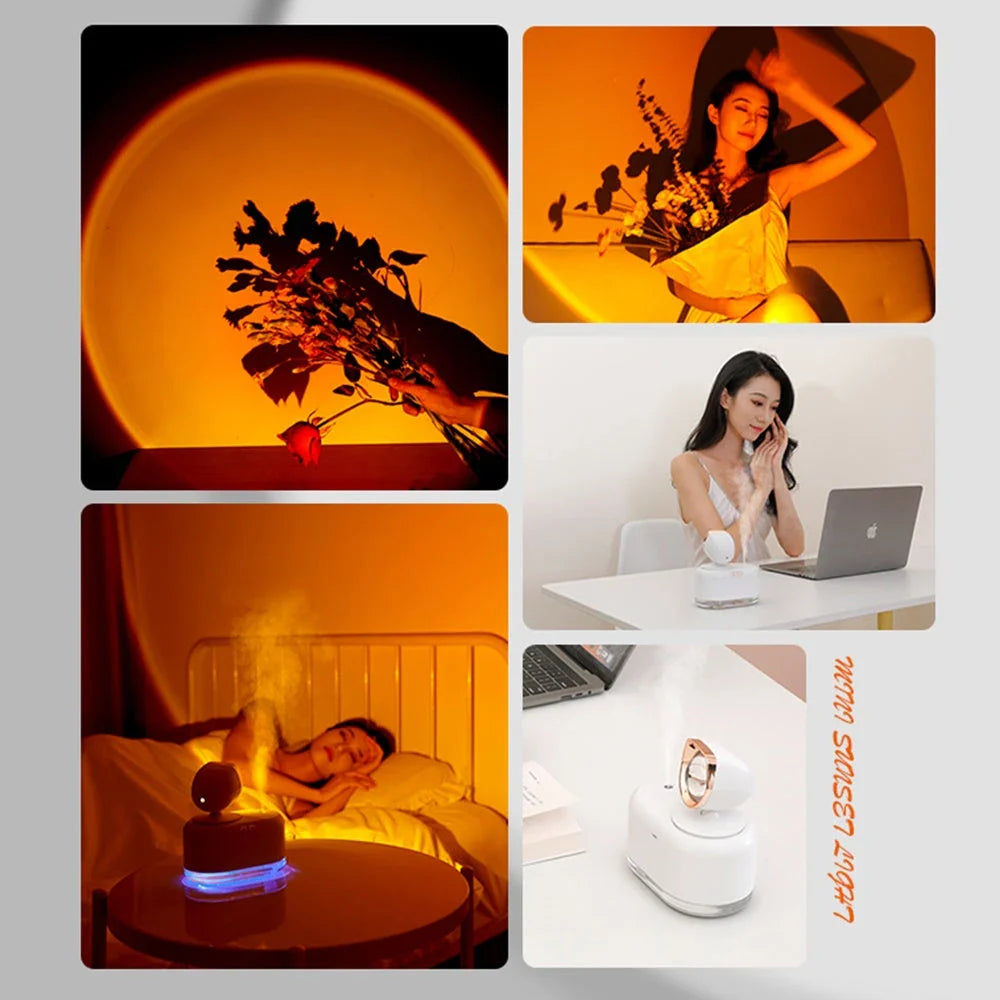 Wireless sunset lamp and ultrasonic humidifier with adjustable lighting and mist settings for home decor