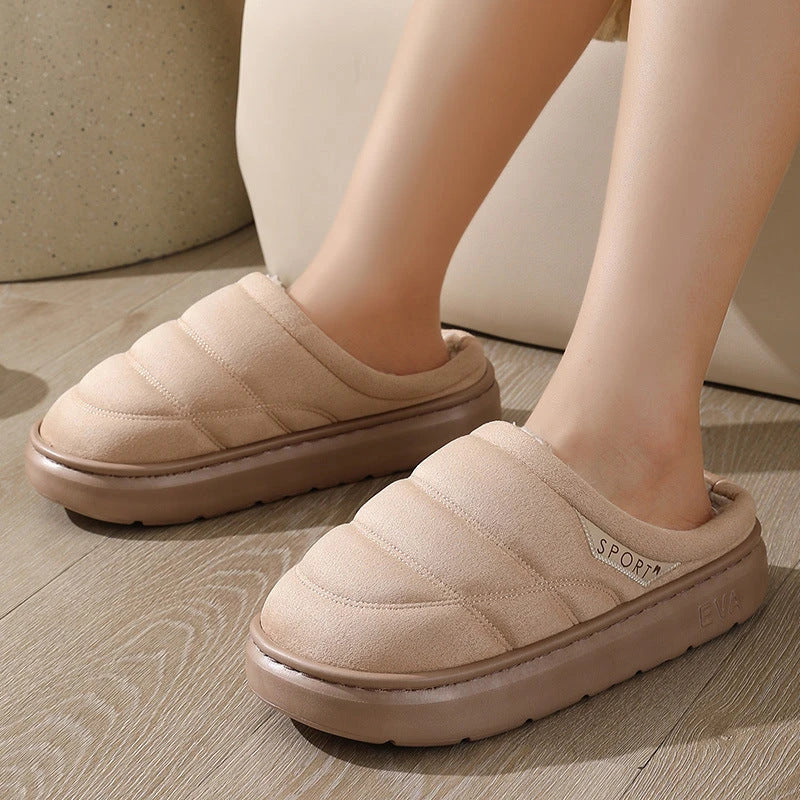 Cozy plush slippers with suede uppers, plush lining, and durable EVA soles for ultimate indoor comfort and warmth