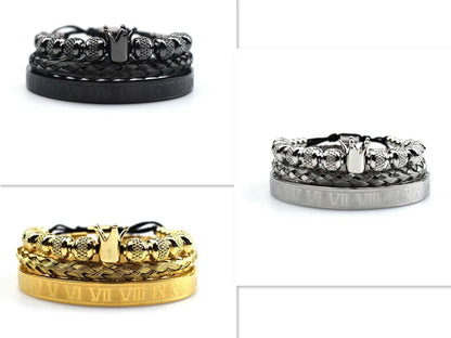 Men's stainless steel crown charm adjustable bracelet with zircon details
