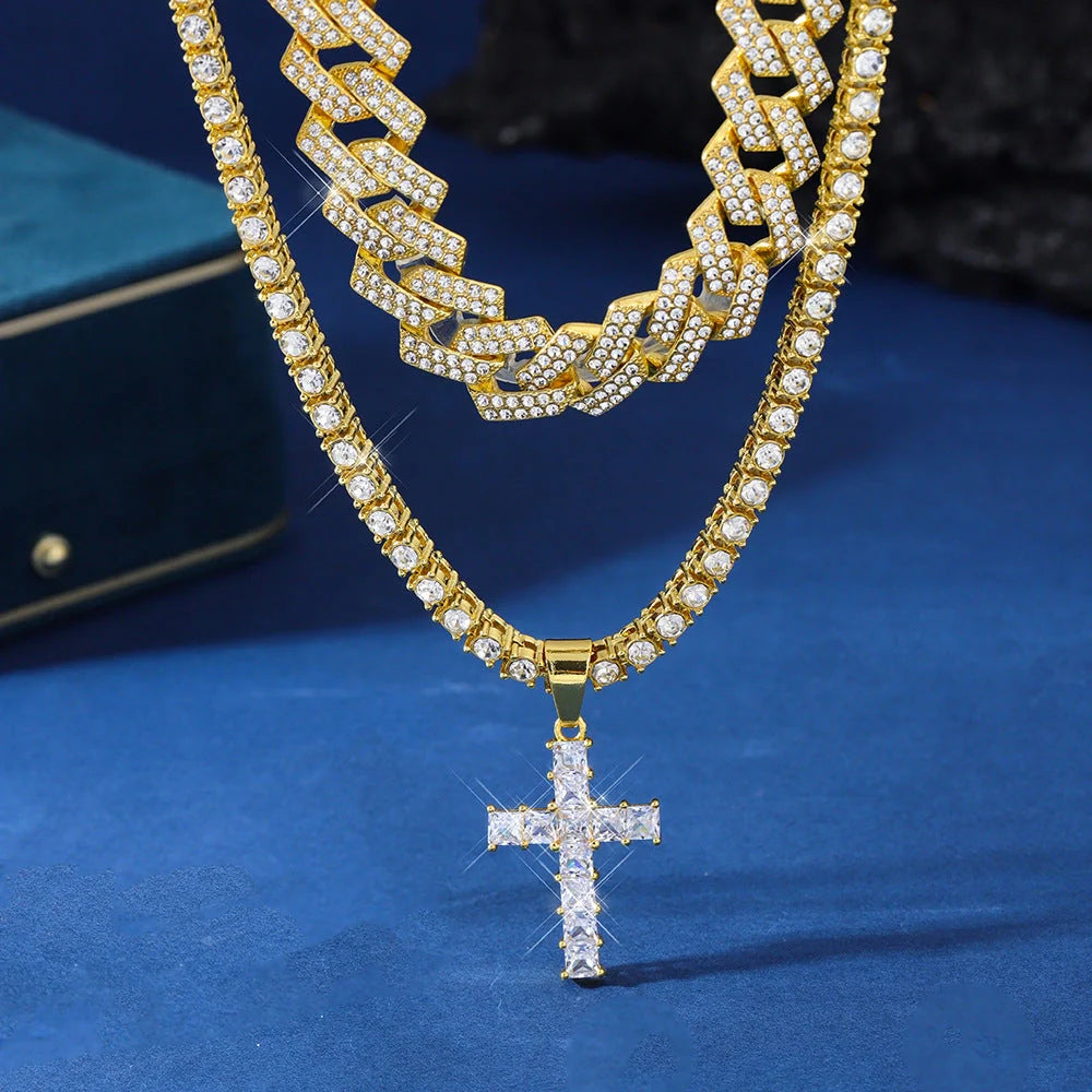 Exquisite cross pendant necklace with rhinestone paving, available in gold and silver colours with various chain styles