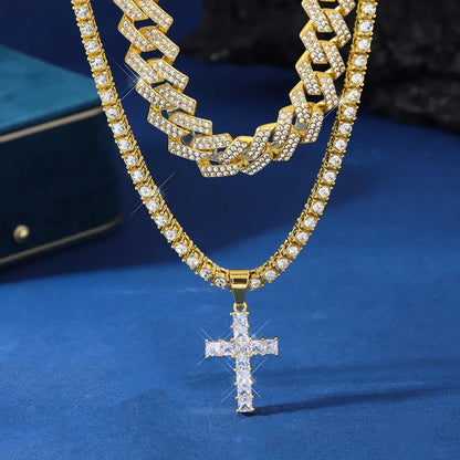 Exquisite cross pendant necklace with rhinestone paving, available in gold and silver colours with various chain styles