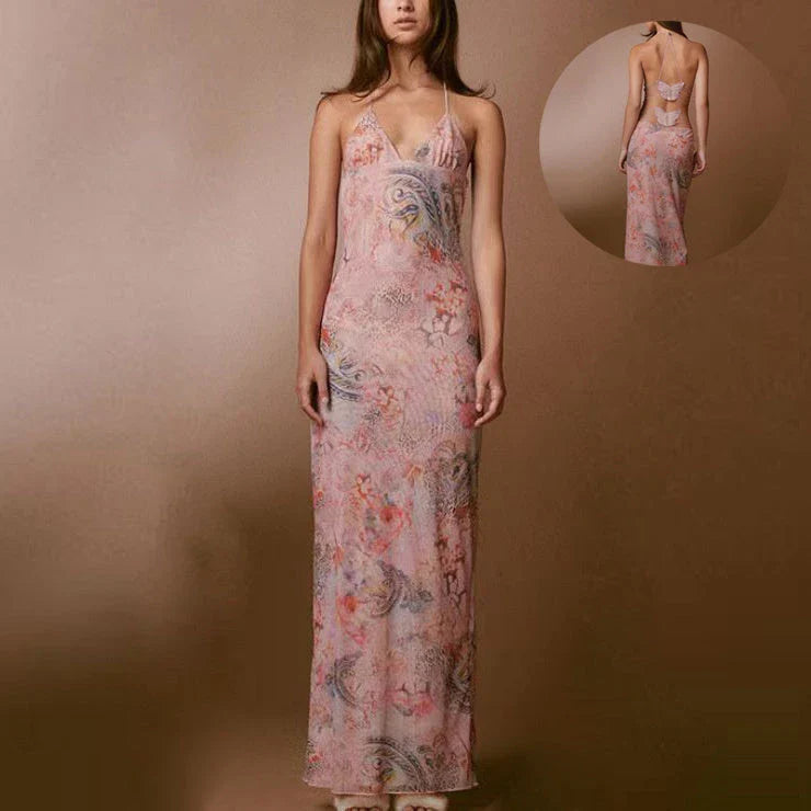 Stylish floral halter dress with spaghetti straps and butterfly back design, available in various vibrant colors