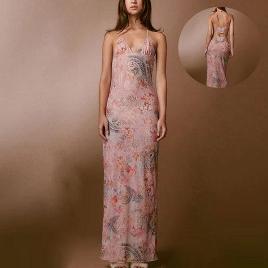 Stylish floral halter dress with spaghetti straps and butterfly back design, available in various vibrant colors