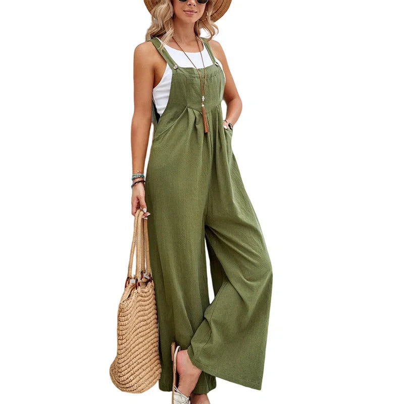 Women's Solid Color Casual Suspender Trousers in Dark Blue and Army Green colours, featuring adjustable suspenders and high-quality construction.