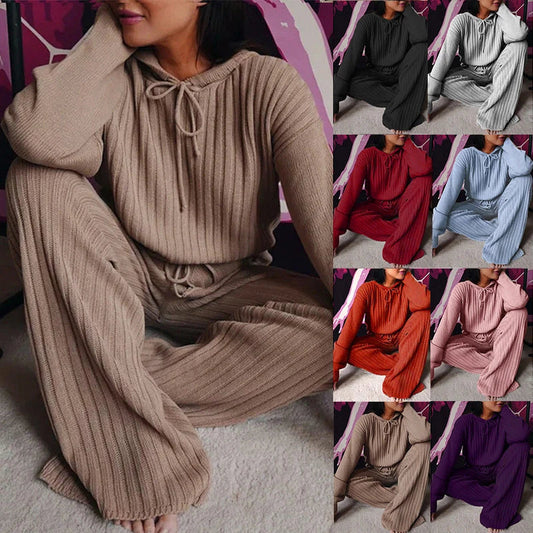 Cozy hooded two-piece loungewear set with soft, stretchy fabric and relaxed silhouette