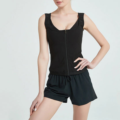 Stylish women's zip vest shapewear sweatshirt in black, perfect for layering or wearing solo.