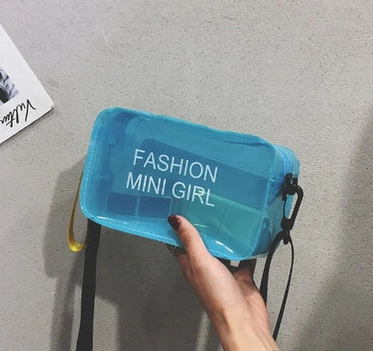 Transparent square fashion shoulder bag with adjustable strap and internal phone compartment