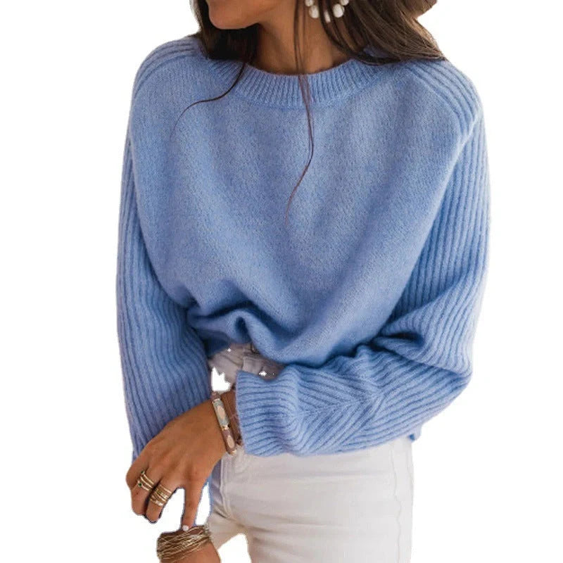 European Milk Blue Bedford Cord Sweater with round collar and long sleeves