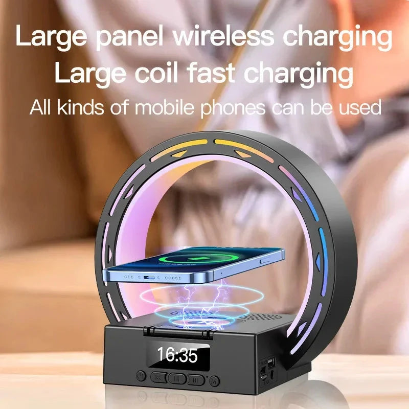 4-in-1 Wireless Bluetooth Speaker with charging pad and alarm clock in white and black