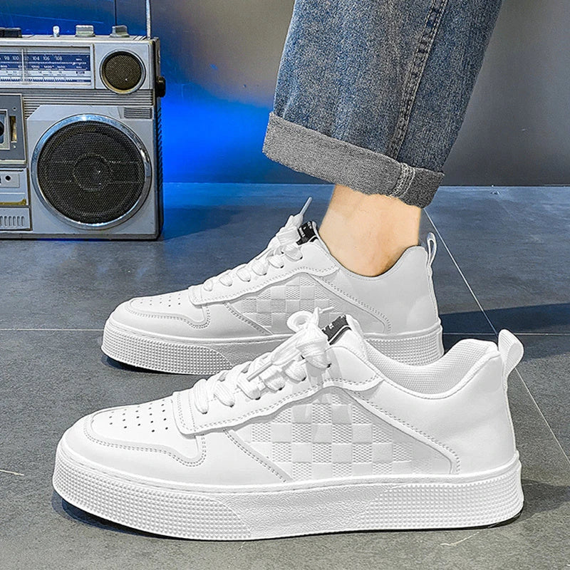 Stylish and breathable plaid lace-up sneakers for men, featuring a unique design, comfortable mesh lining, and durable rubber sole.