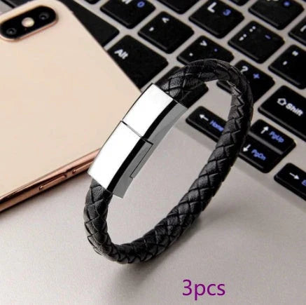 Stylish data cable bracelet in black, white, and brown colors with android, apple, and USB-C connectors
