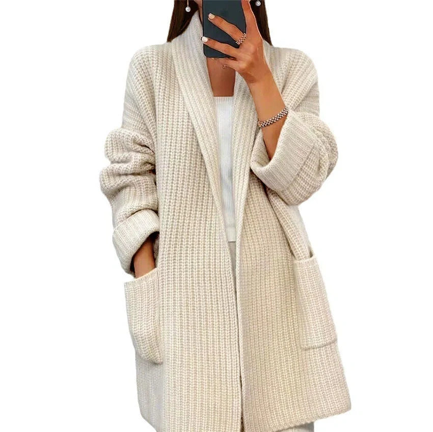 Stylish women's lapel knitted cardigan with pockets in various colours
