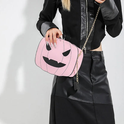 Enchanting Halloween pumpkin-themed shoulder bag in various colours, featuring an adjustable chain strap and trendy urban style