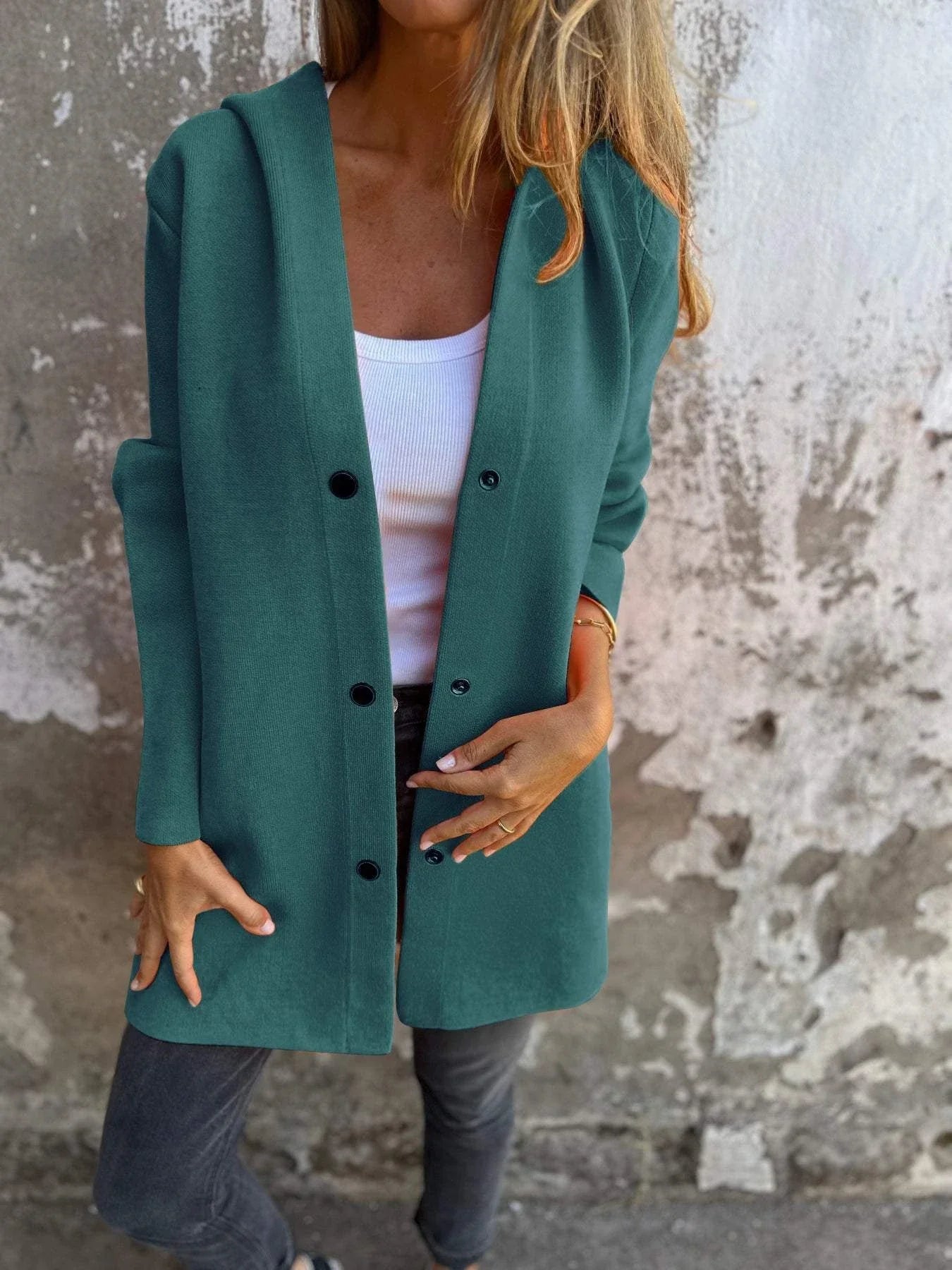 A stylish hooded cardigan jacket in various colors, featuring a single-breasted design and adjustable hood for versatile fashion.