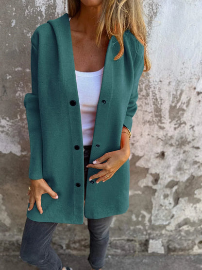 A stylish hooded cardigan jacket in various colors, featuring a single-breasted design and adjustable hood for versatile fashion.