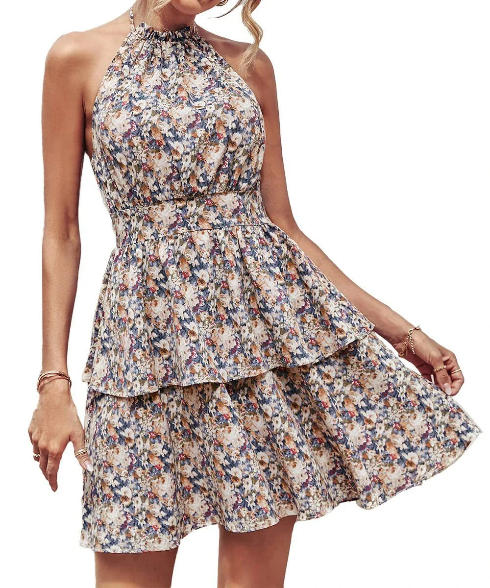 Stylish backless halter dress in various colors, featuring a ruffled A-line silhouette and comfortable polyester fabric for summer fashion