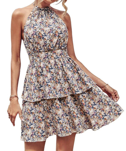 Stylish backless halter dress in various colors, featuring a ruffled A-line silhouette and comfortable polyester fabric for summer fashion