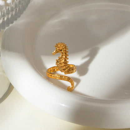 Elegant 18K gold plated seahorse ring for women, ocean themed jewellery