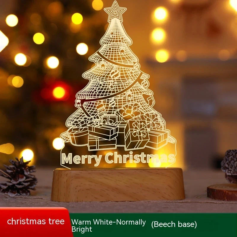 3D acrylic Christmas lights with various holiday-themed designs, including Christmas trees, elks, and Christmas dwarfs, providing warm, ambient lighting.