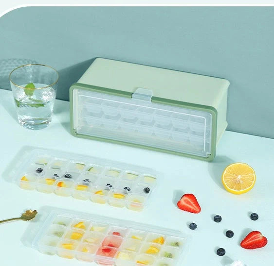 Drawer-type plastic ice cube mold maker with lid and storage bin for easy ice cube making and storage