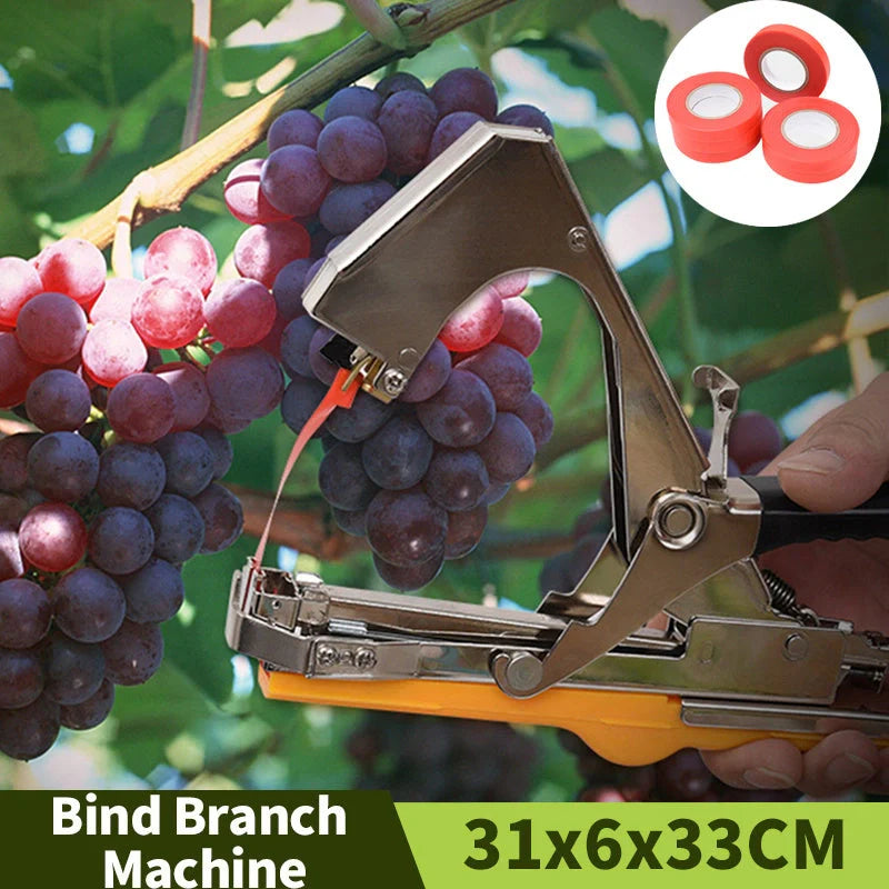 Compact garden hand tool for tying plant stems with plastic tape, measuring 300x200x100mm
