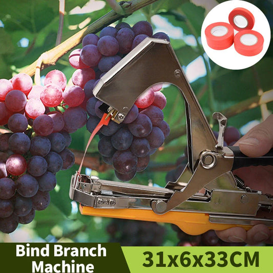 Compact garden hand tool for tying plant stems with plastic tape, measuring 300x200x100mm