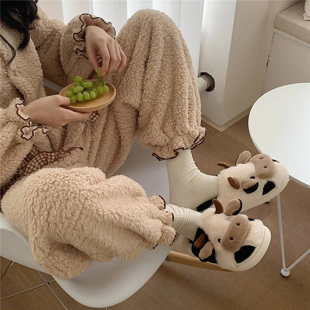 Women's Kawaii Cow Slippers with non-slip sole and plush lining in white and coffee colors