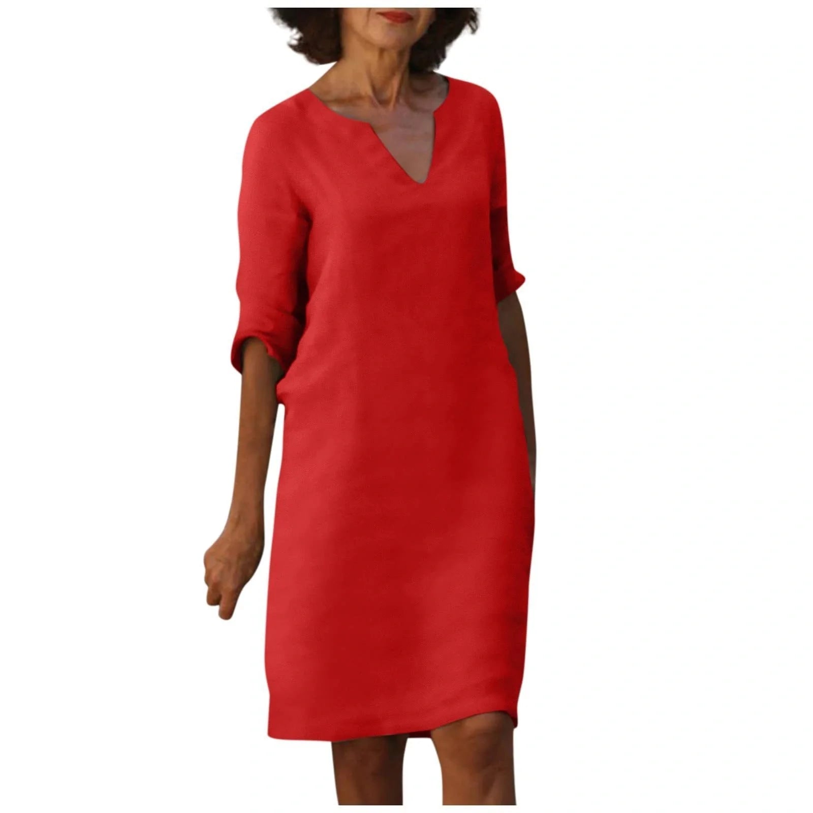 Retro high waist cotton-linen V-neck dress in various colours