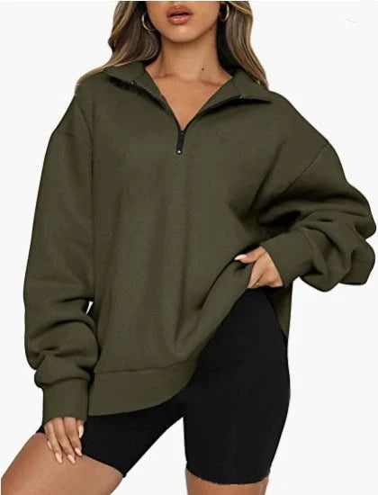 Women's zip turndown collar loose casual sweatshirt in various colours