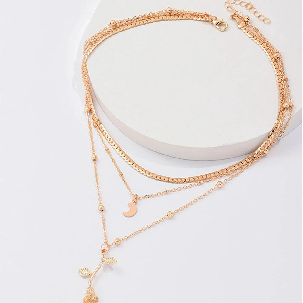 Bohemian multilayer gold pendant necklace with rose flower design for women