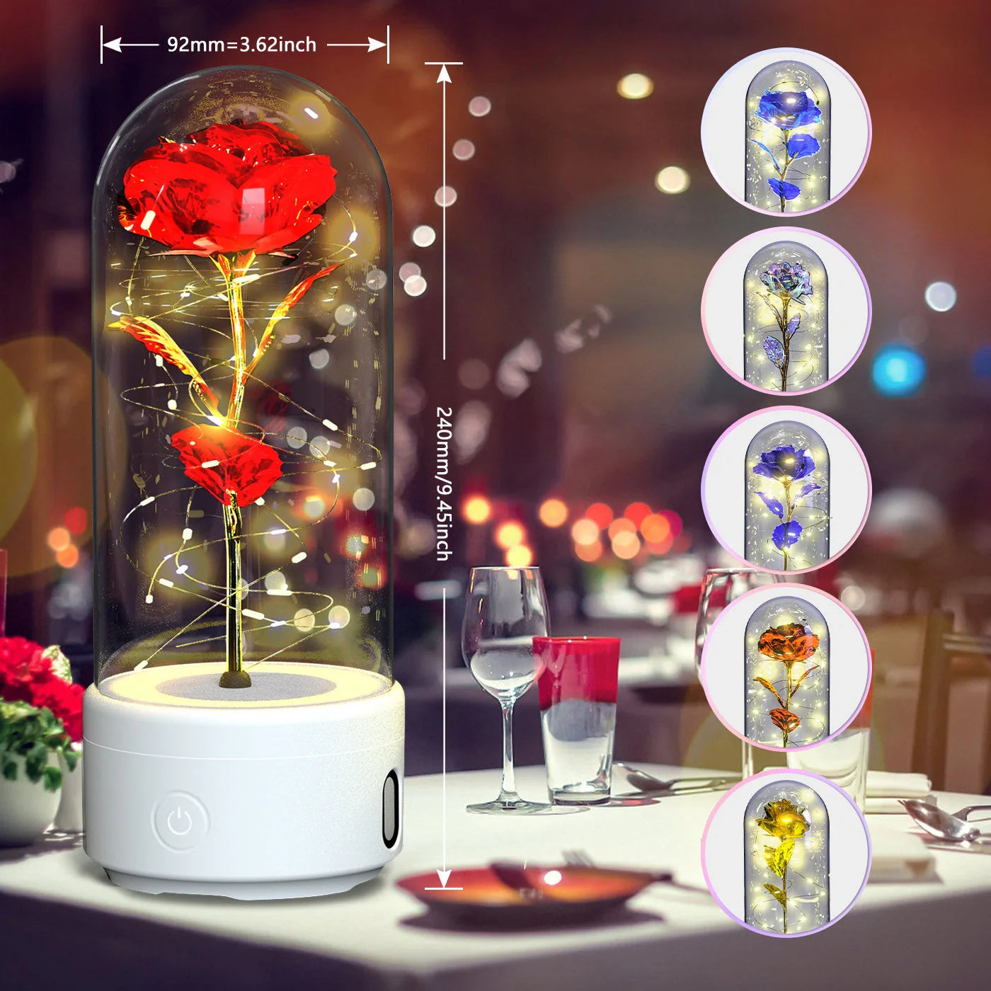 Elegant LED rose light with Bluetooth speaker in glass cover
