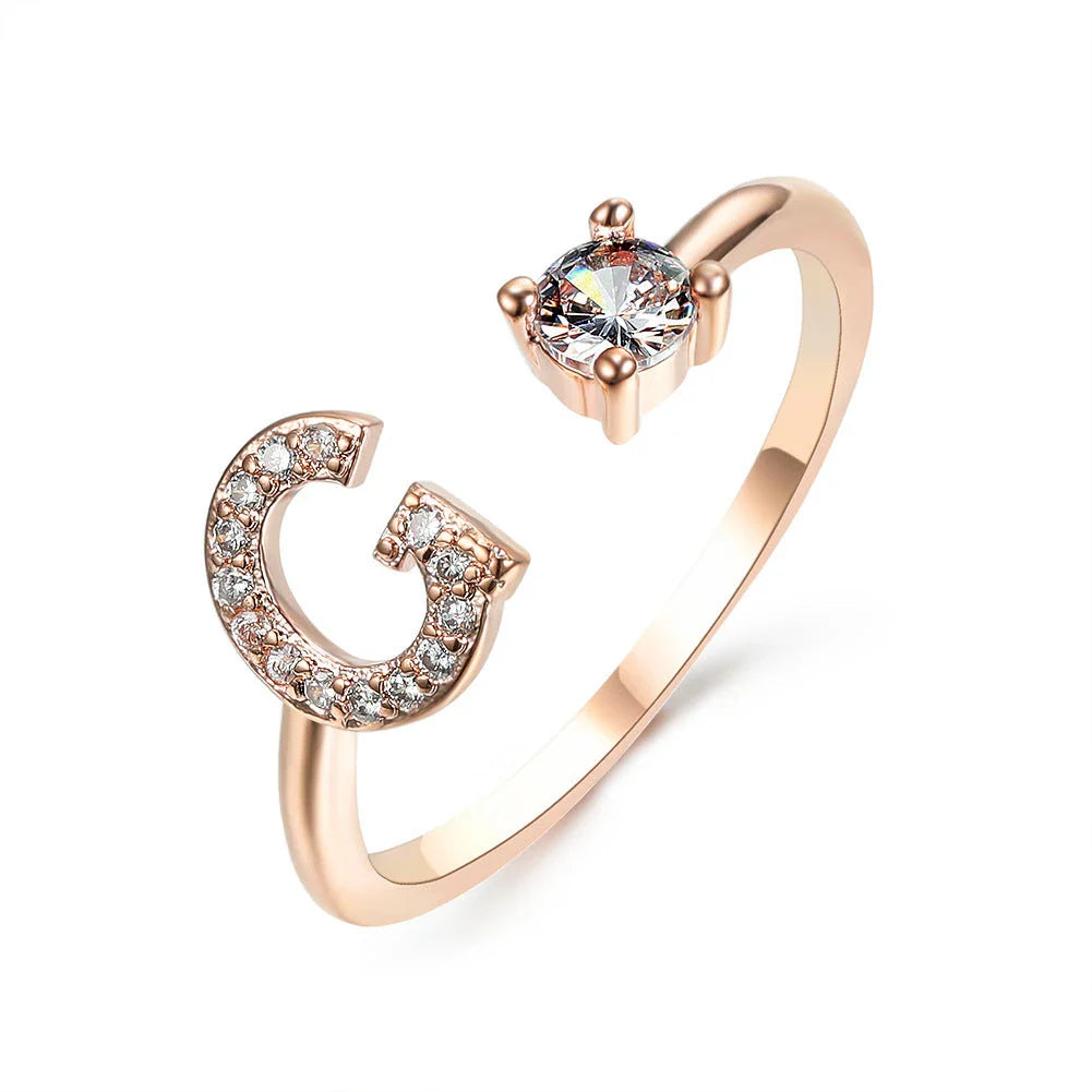 Customizable adjustable ring with 26 letters for women, featuring zircon stones and copper alloy construction
