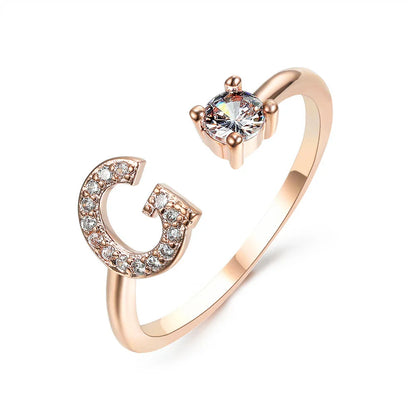 Customizable adjustable ring with 26 letters for women, featuring zircon stones and copper alloy construction
