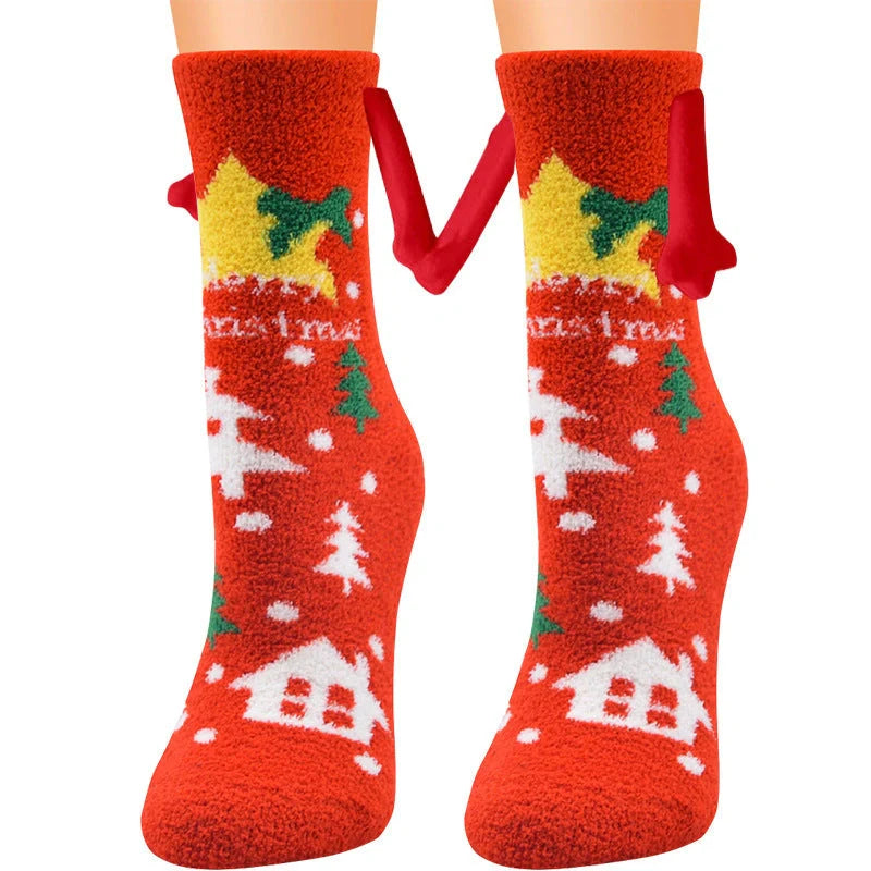 Christmas couple socks with magnetic suction feature for hand holding, festive 3D animal patterns