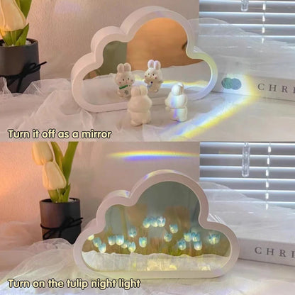 DIY Tulip Night Lamp in pink, purple, and blue with LED lights and decorative mirror feature
