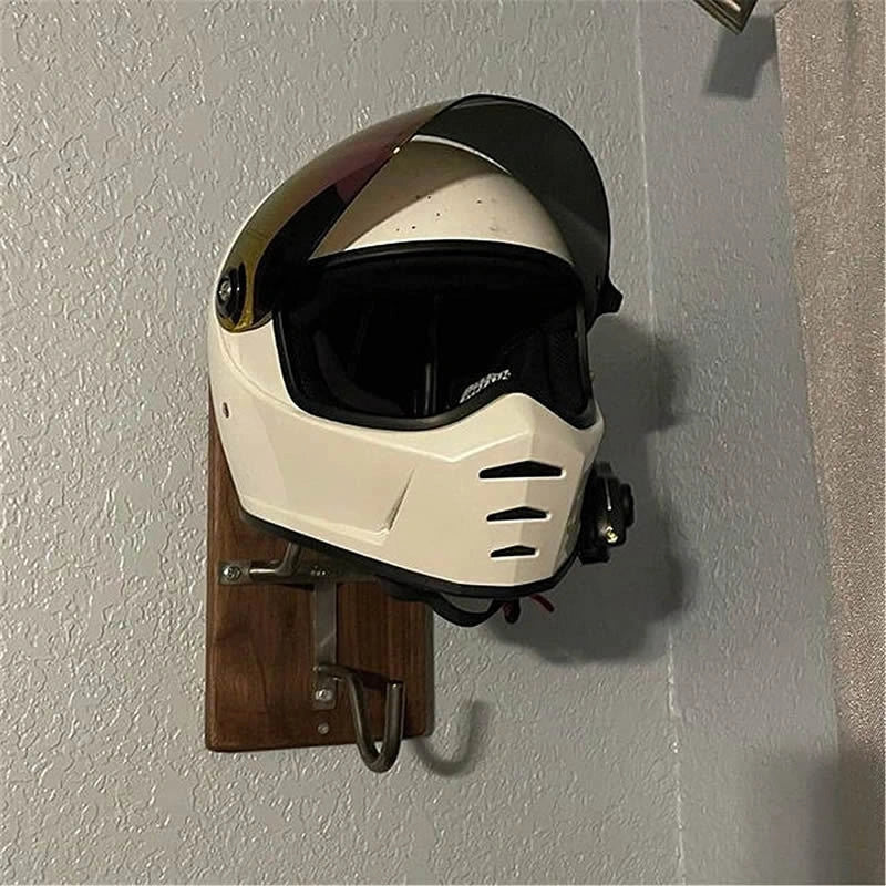 Wall-mounted motorcycle helmet and gear rack in black