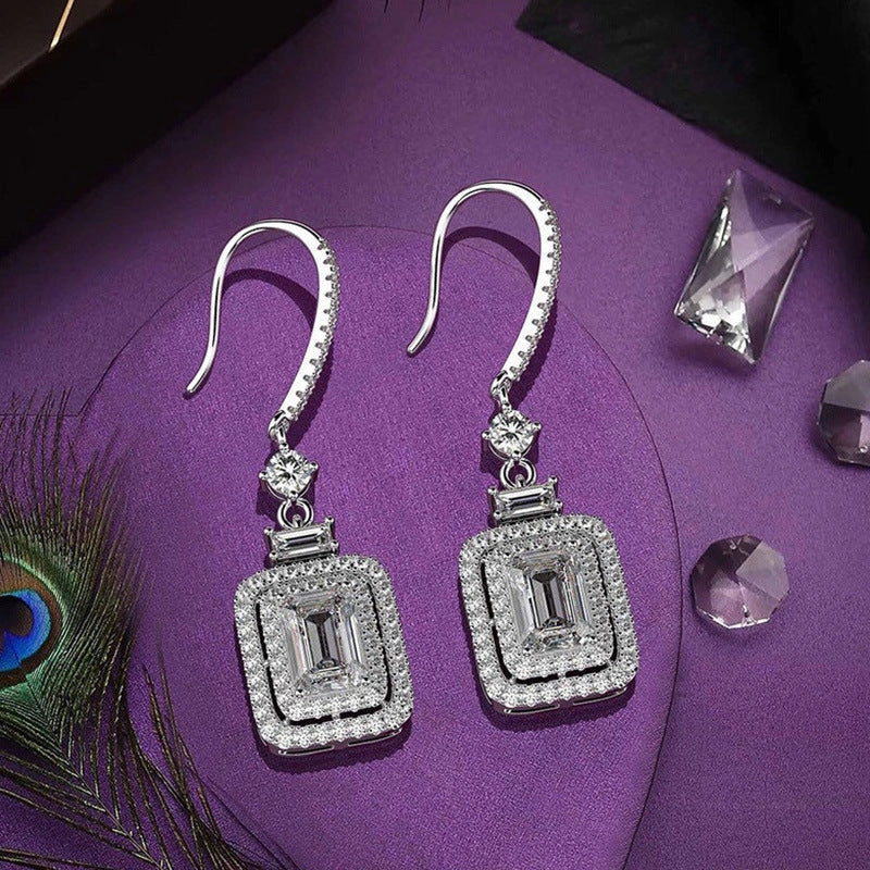 Platinum Princess Square Diamond Zircon Ear Hook in white gold