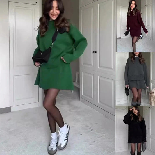 Sophisticated two-piece knit jumper and mini skirt set in a range of classic colours