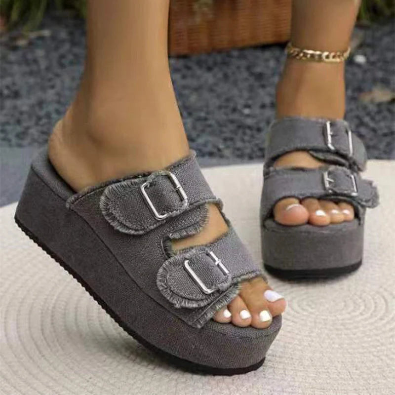 Women's denim buckle wedges sandals with thick bottom and high heel