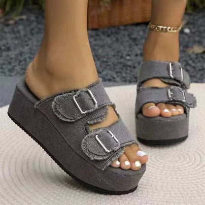 Women's denim buckle wedges sandals with thick bottom and high heel