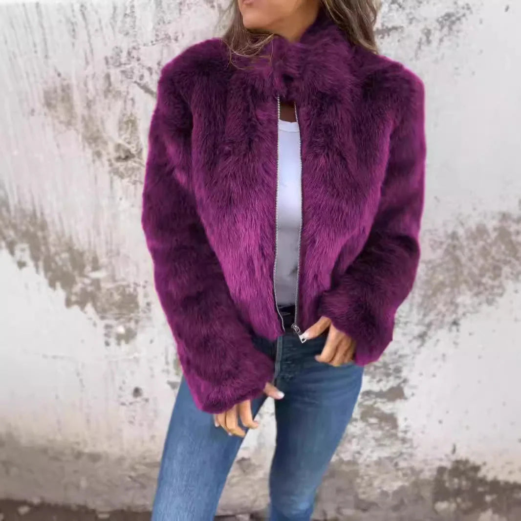 Women's winter stand collar zipper fleece jacket in faux fur, available in multiple colours