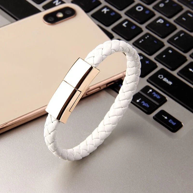 Stylish data cable bracelet in black, white, and brown colors with android, apple, and USB-C connectors