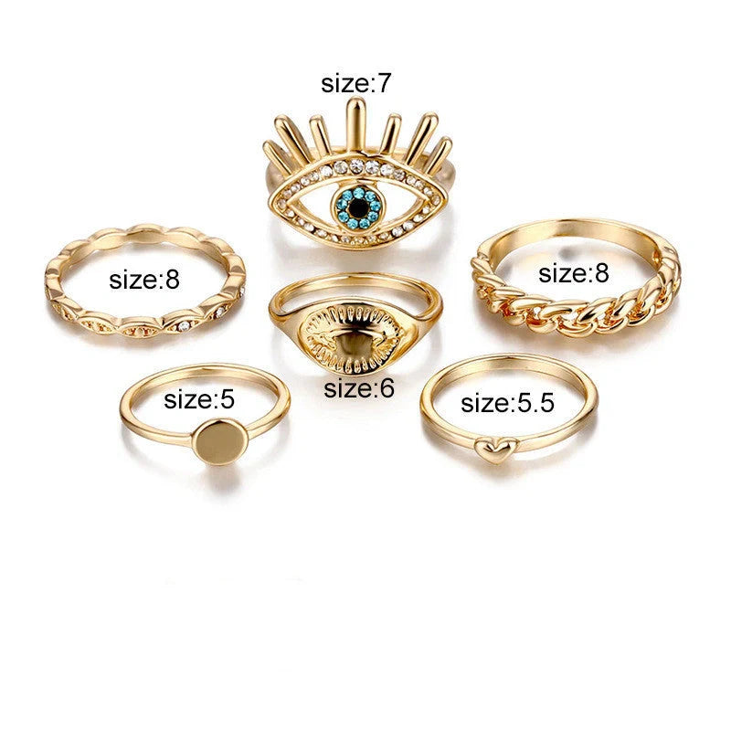 Retro Eye Love Ring Set: 6-Piece Alloy and Crystal Collection