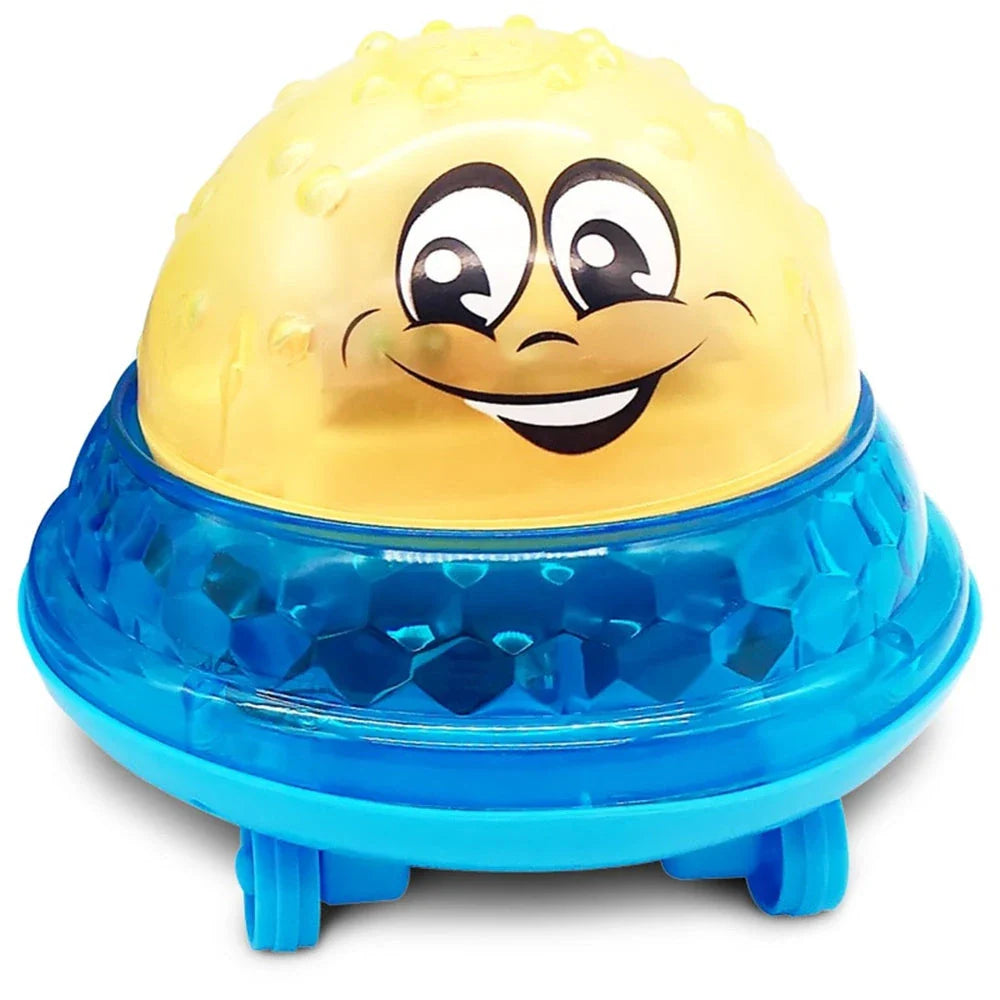 Rotating water sprinkler toy with colourful design and water spray feature for children's bath time fun