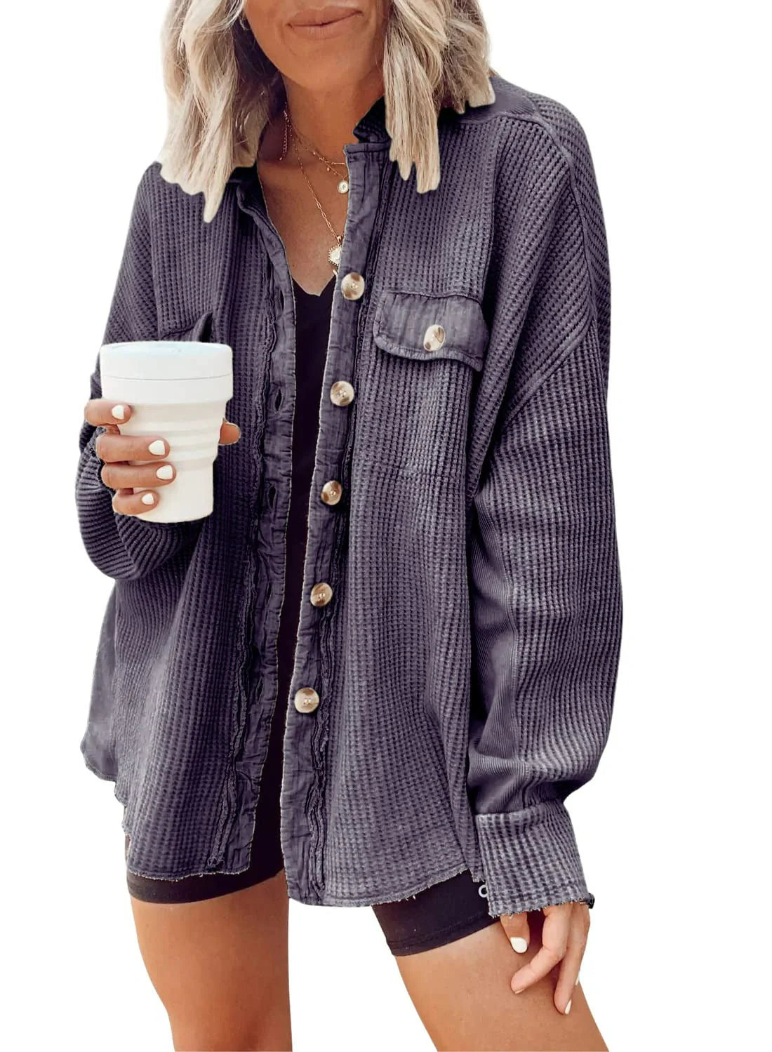 Women's button shirt jacket with lapel and long sleeves in various colours